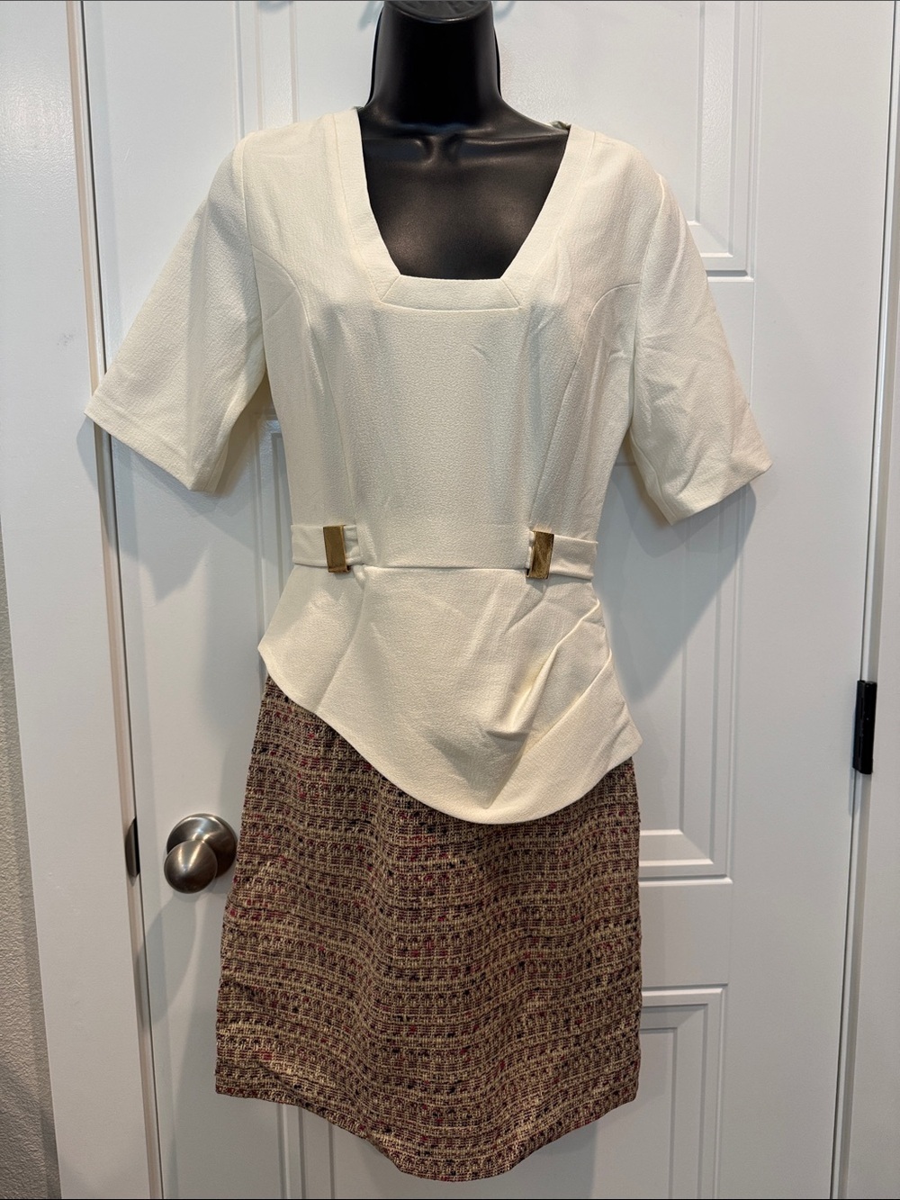 Ivory and Brown Two-Tone Peplum Dress